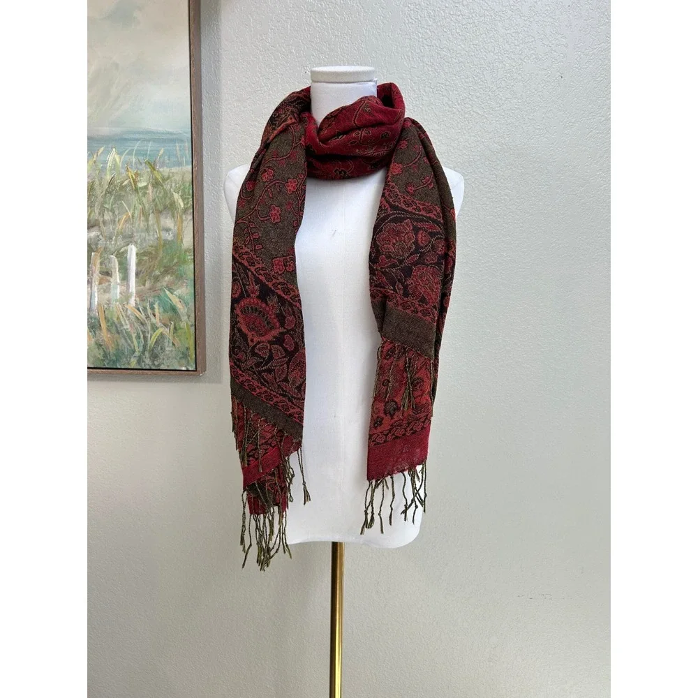Red Brown Paisley Pashmina Shawl Reversible Fringe Wrap Scarf Bohemian Floral